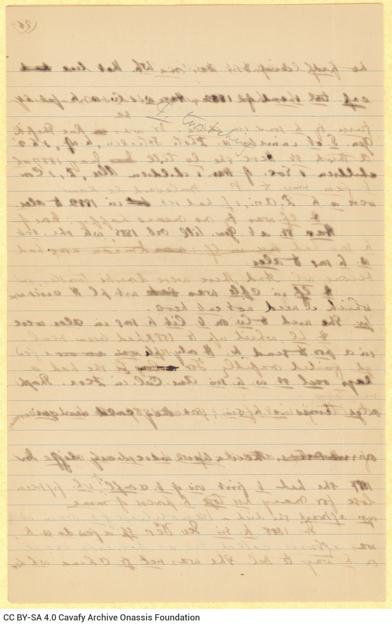 Handwritten prose text by Cavafy on 14 sheets and 9 double sheet notepapers. Pages 4-38 are numbered. The upper half of pa