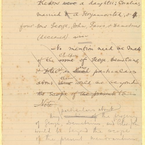 Handwritten text on four sheets, with notes on all sides. The text describes the history of the Cavafy family. It includes