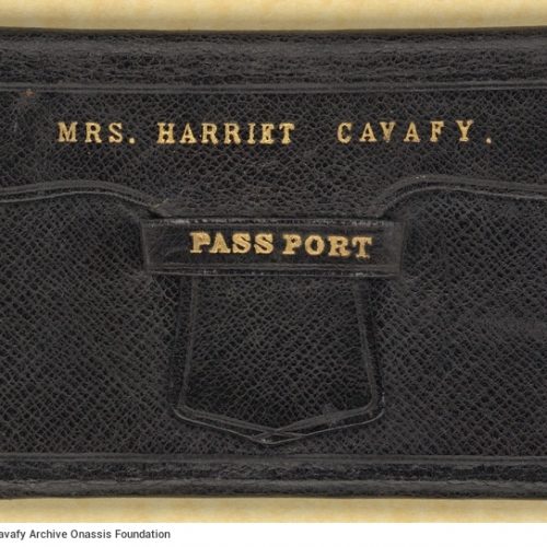 British passport of Cavafy's mother, Charikleia, affixed on a leather cover. It was issued in London and mentions that its