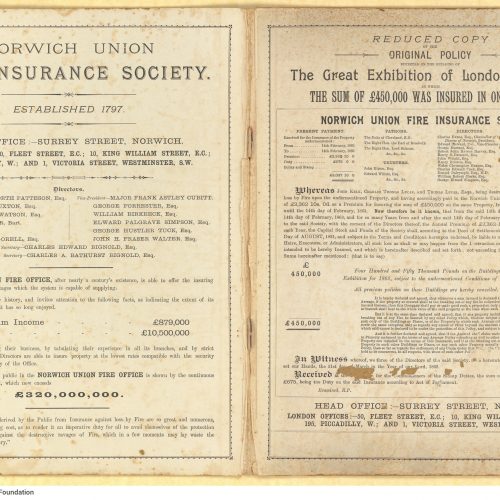 Double-sheet cover made of hard paperboard of a British fire insurance company (1894-1895 edition). Handwritten note by Cavaf