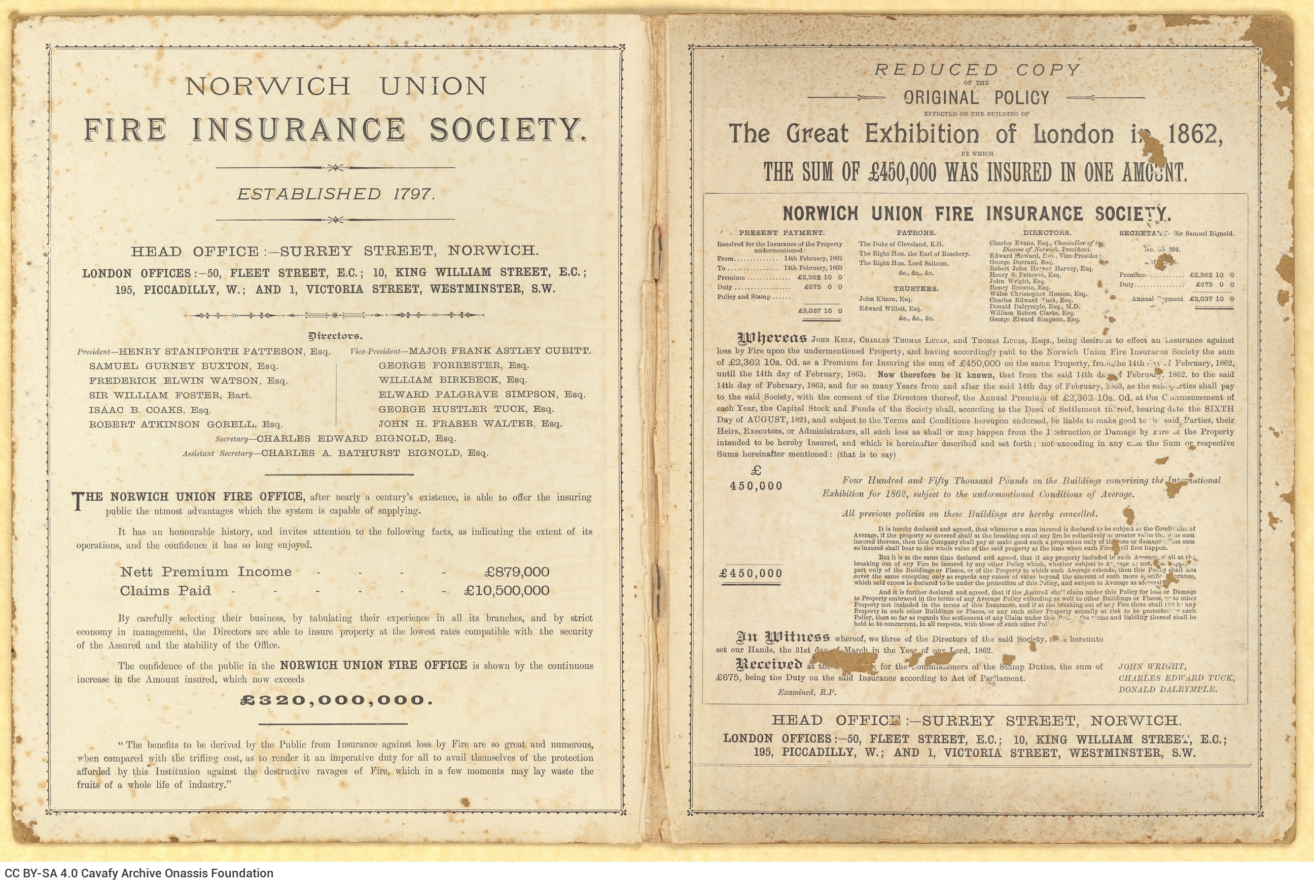 Double-sheet cover made of hard paperboard of a British fire insurance company (1894-1895 edition). Handwritten note by Cavaf