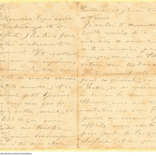 Handwritten letter by Sévastie Verhaeghe de Naeyer, Cavafy's aunt, to the poet. The letter is written in all four pages of a