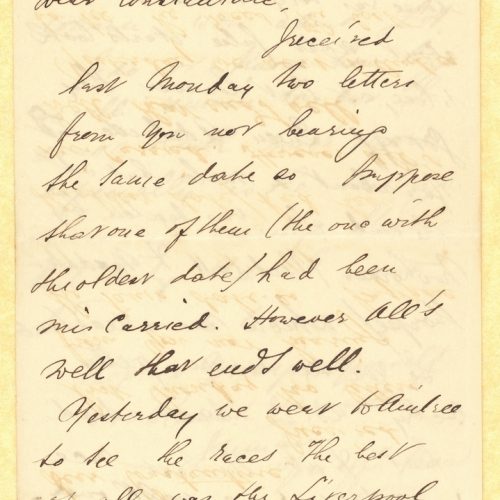 Handwritten letter by Totty Ralli to Cavafy in the first three pages of a bifolio. The last page is blank. Account of a horse