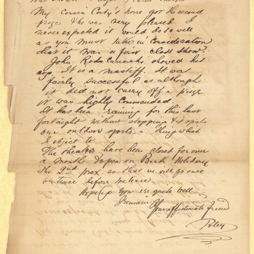 Handwritten letter by Totty Ralli to Cavafy on both sides of a letterhead of the company Ralli & Psicha. Announcement of his 