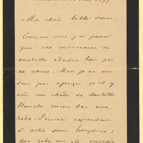 Handwritten letter by Leon Verhaege de Naeyer to Charikleia Cavafy in the first three pages of a bifolio with mourning border