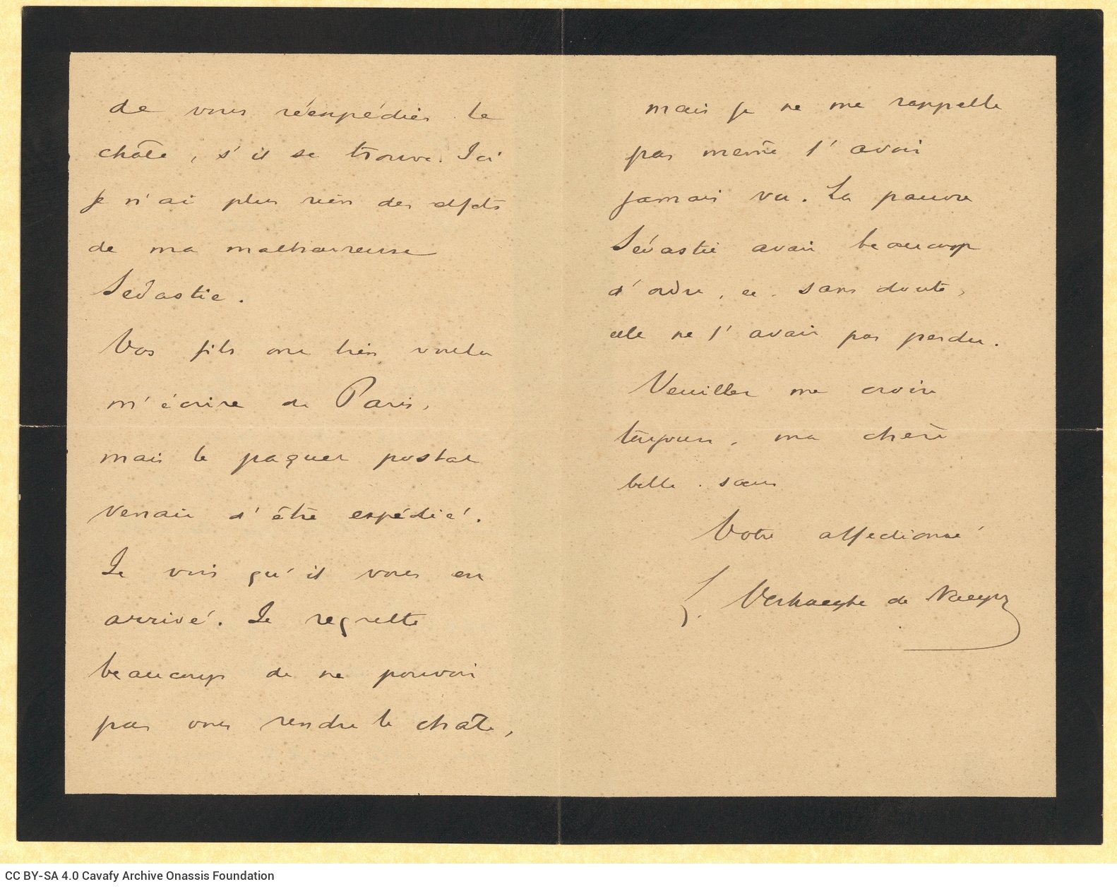 Handwritten letter by Leon Verhaege de Naeyer to Charikleia Cavafy in the first three pages of a bifolio with mourning border