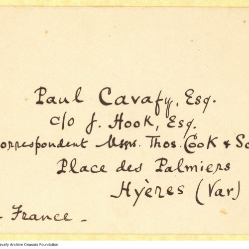 Empty envelope with Paul Cavafy's address in France, written by C. P. Cavafy.