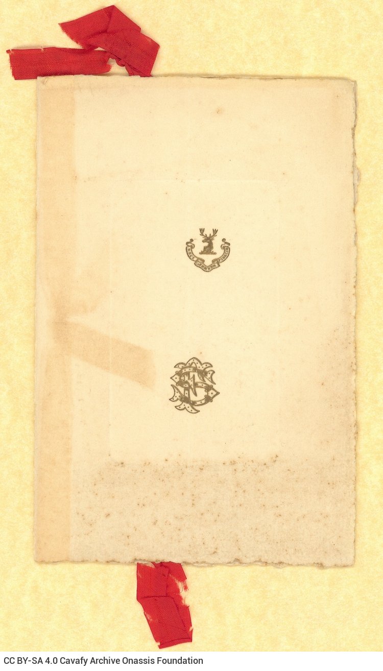 Wishing card for the new year, sent by Brigadier General and Mrs Smythe to P[aul] Cavafy to an address in England. Monogram o