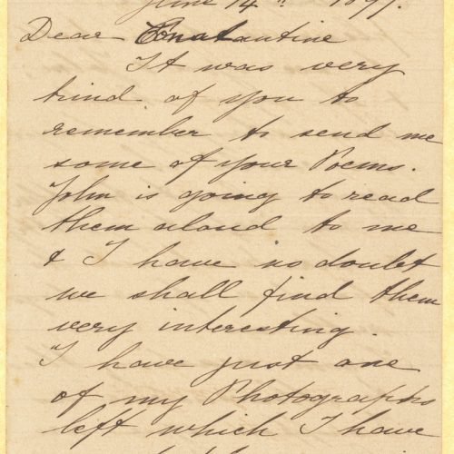 Handwritten letter by Maria (Marigo) Cavafy to Cavafy on the first three pages of a bifolio. The last page is blank. The send