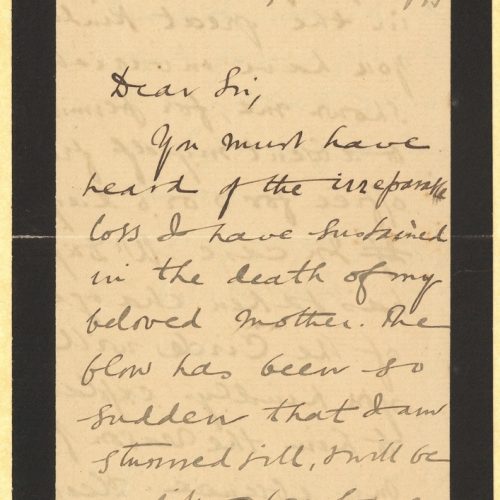 Handwritten letter by Cavafy to his superior, K. E. Verschoyle in a bifolio with mourning border. The poet announces the d