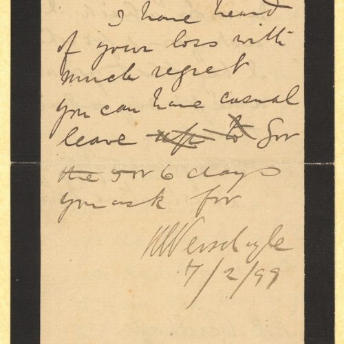 Handwritten letter by Cavafy to his superior, K. E. Verschoyle in a bifolio with mourning border. The poet announces the d