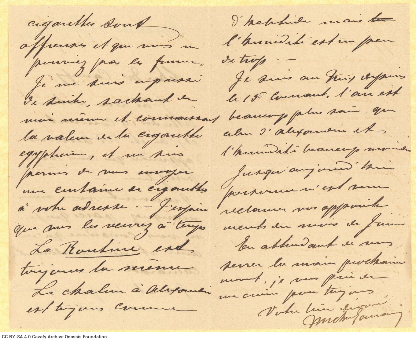 Handwritten letter by an unidentified author ("Michel") to Cavafy, on the first three pages of a bifolio. The last page is bl