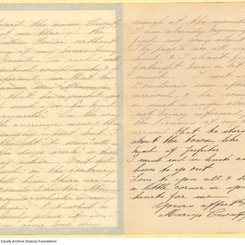 Handwritten letter by Maria (Marigo) Cavafy to Cavafy in the first three pages of a bifolio with mourning border. The last pa