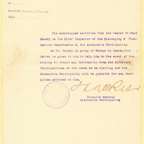 Typewritten official letter by the Director General of the Municipality of Alexandria (illegible signature), on the first pag