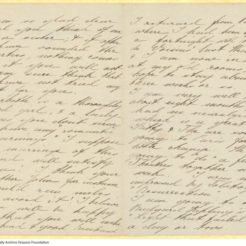 Handwritten letter by Maria (Marigo) Cavafy to Paul Cavafy on all sides of a bifolio with the printed address "38, Clarges St