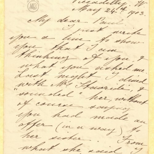 Handwritten letter by Maria (Marigo) Cavafy to Paul Cavafy on a bifolio. Her printed monogram at top left of the first page. 