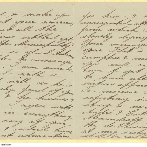 Handwritten letter by Maria (Marigo) Cavafy to Paul Cavafy on all pages of a bifolio. Embossed address "10, Fourth Avenue, Ho