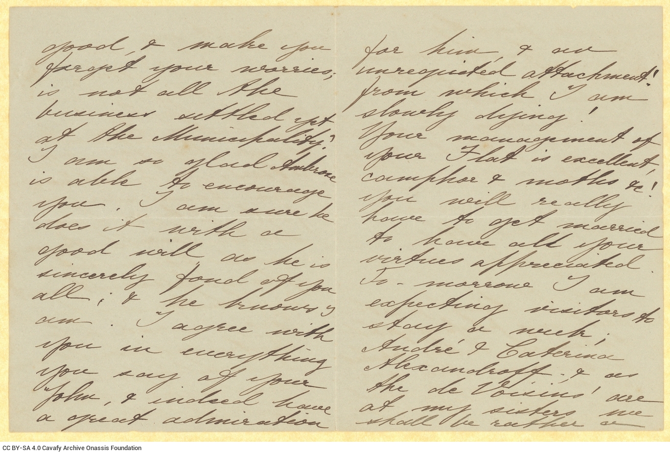 Handwritten letter by Maria (Marigo) Cavafy to Paul Cavafy on all pages of a bifolio. Embossed address "10, Fourth Avenue, Ho