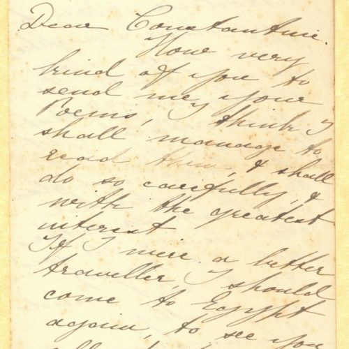 Handwritten letter by Maria (Marigo) Cavafy to Cavafy in the first three pages of a bifolio. The last page is blank. The addr