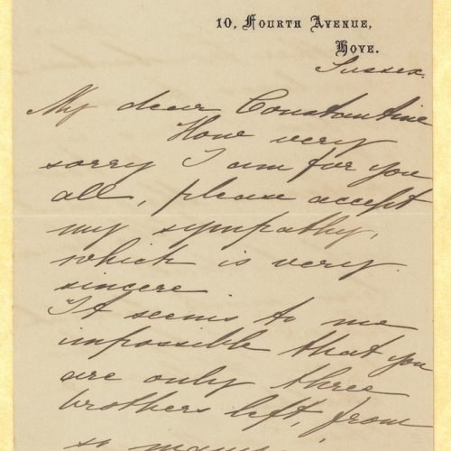 Handwritten letter by Maria (Marigo) Cavafy to Cavafy in the first three pages of a bifolio. The last page is blank. The addr
