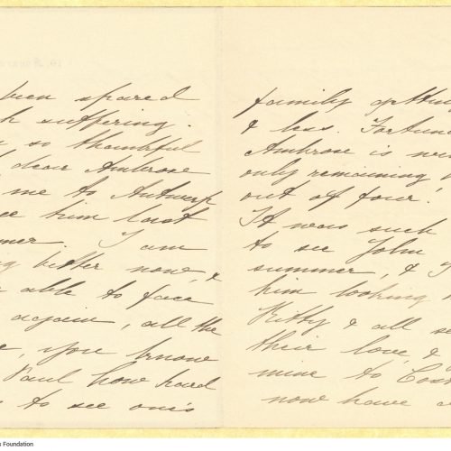 Handwritten letter by Maria (Marigo) Cavafy to Paul Cavafy in a bifolio with mourning border. The address "10, Fourth Avenue,