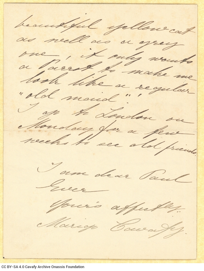 Handwritten letter by Maria (Marigo) Cavafy to Paul Cavafy in a bifolio with mourning border. The address "10, Fourth Avenue,
