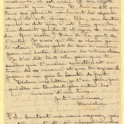 Handwritten letter by Charikleia Cavafy (Valieri) to Cavafy on both sides of a letterhead of the Tewfik Palace Hotel. She inv