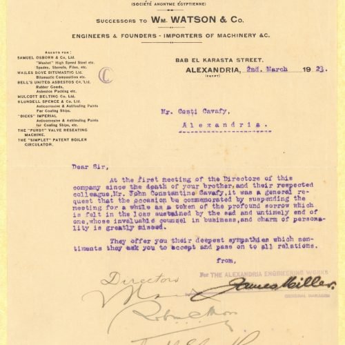 Typewritten letter from the SA The Alexandria Engineering Works to Cavafy, on one side of a letterhead. The company expresses