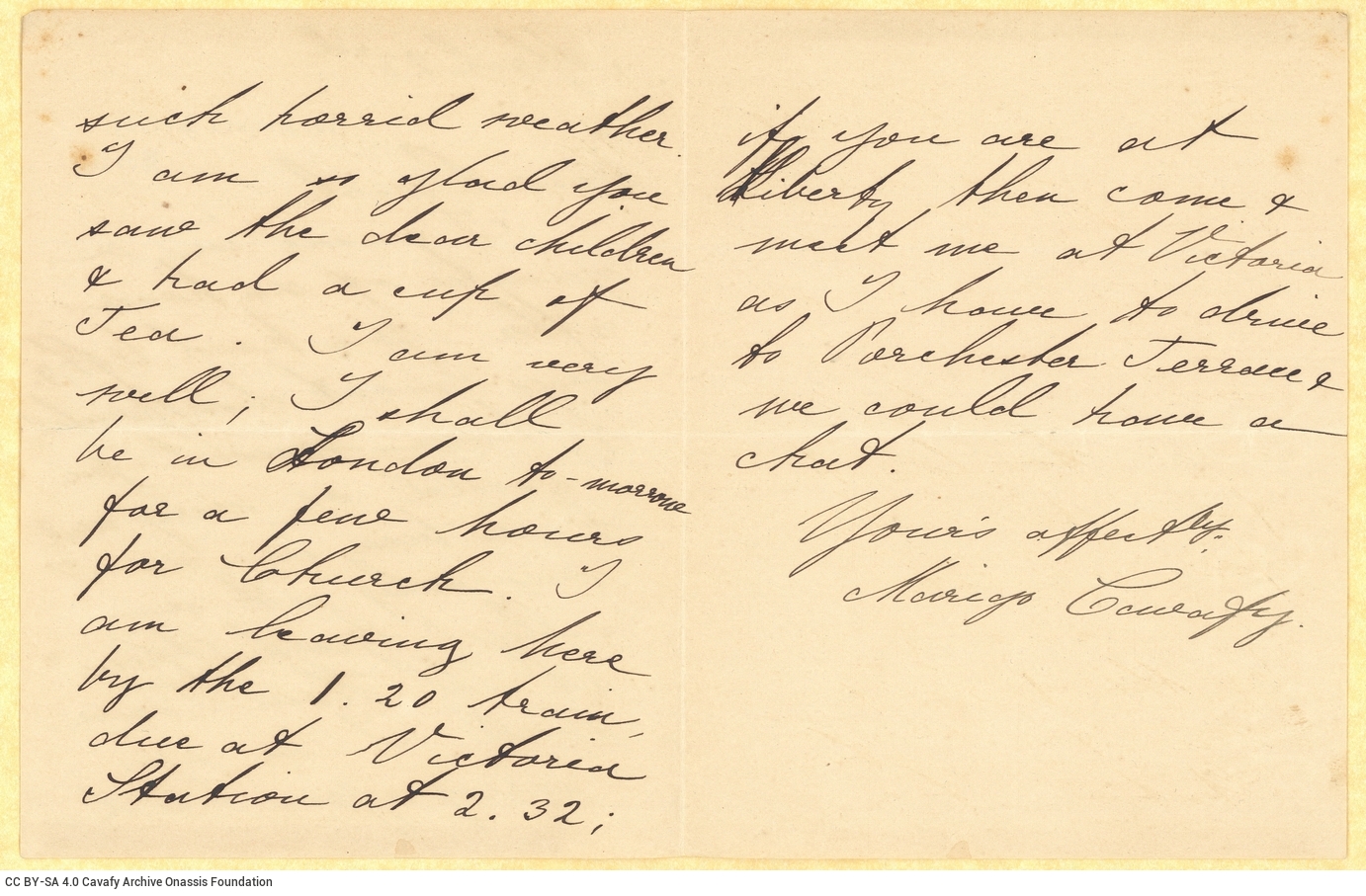 Handwritten letter by Maria (Marigo) Cavafy to Paul Cavafy on the first three pages of a bifolio. The last page is blank. Her