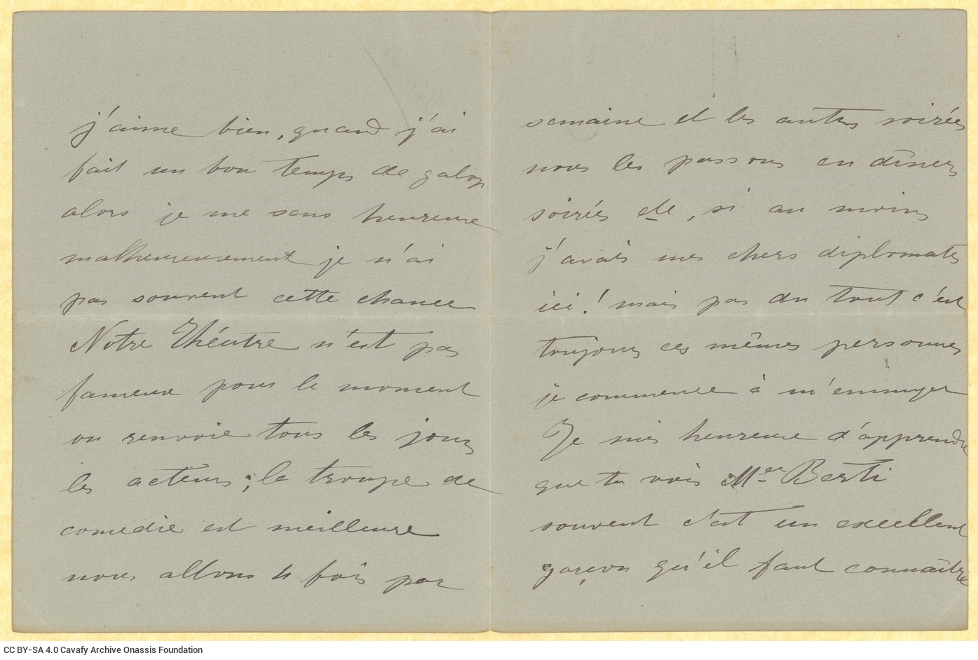 Handwritten letter by Sévastie Verhaeghe de Naeyer to her nephew, Paul Cavafy, in two bifolios. Her first name printed on th