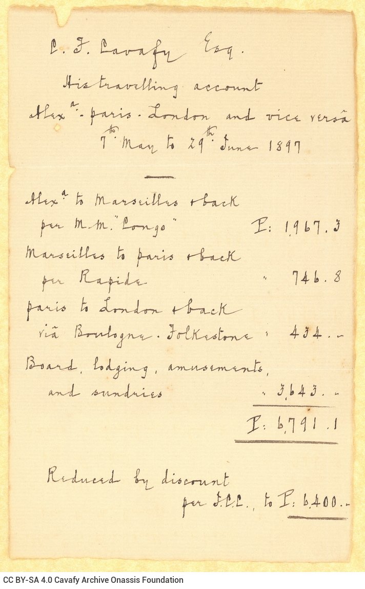 Handwritten note by John Cavafy with a list of his expenses during a trip he made together with C. P. Cavafy in the period Ma