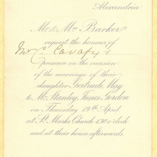 Printed invitation to Cavafy for the wedding of Gertrude May Barker and Stanley Innes Gordon at the temple of St. Mark of Ale