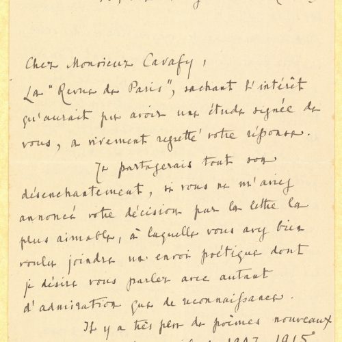 Handwritten letter by Constantin Photiadès to Cavafy in a bifolio with notes on all sides. The author expresses his admirati