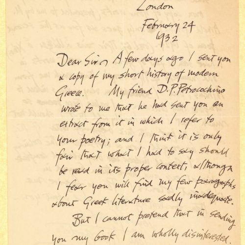 Handwritten letter by John Mavrogordato to Cavafy on both sides of a sheet. The author asks Cavafy to send him his latest poe