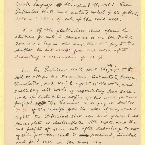 Handwritten copy of an agreement between Cavafy and The Hogarth Press publishing house, on the recto of five sheets. It is