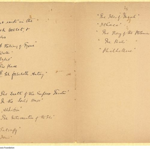 List of Cavafy's poem titles in English, in a four-page folder. Handwritten note in Greek ("Translations") on the cover; t