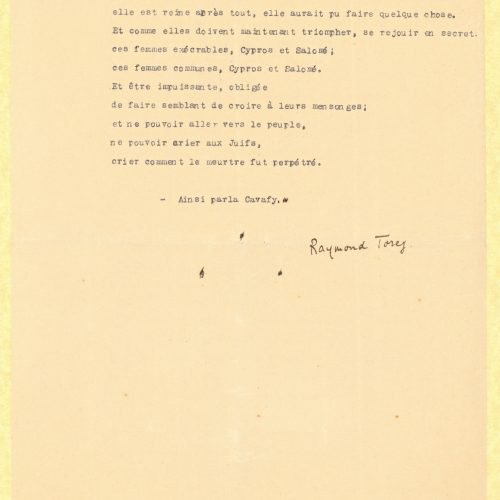 Typewritten text by Raymond Torcy on the recto of five sheets, entitled "Aristobule". The first part of the text describes th