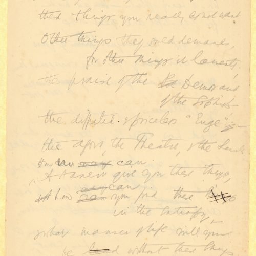 Handwritten text in English on both sides of a sheet. Notes on the translation of a poem by Cavafy ("The Satrapy"). Cancel