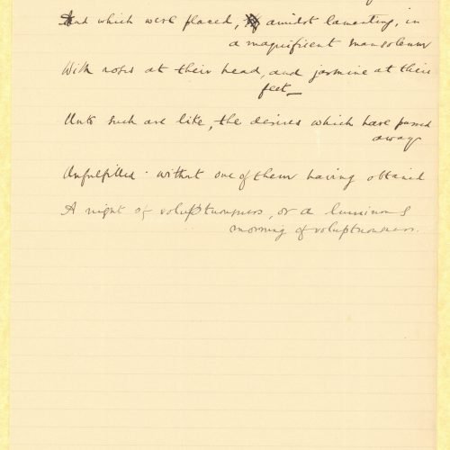 Handwritten text in English in the first page of a double sheet notepaper. Translation of a poem by Cavafy ("Longings"). C