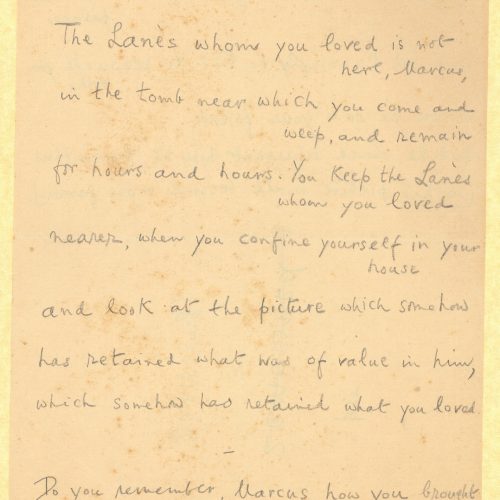 Handwritten text in English on both sides of a sheet. Translation of a poem by Cavafy ("Tomb of Lanes") by G. Valassopoulo