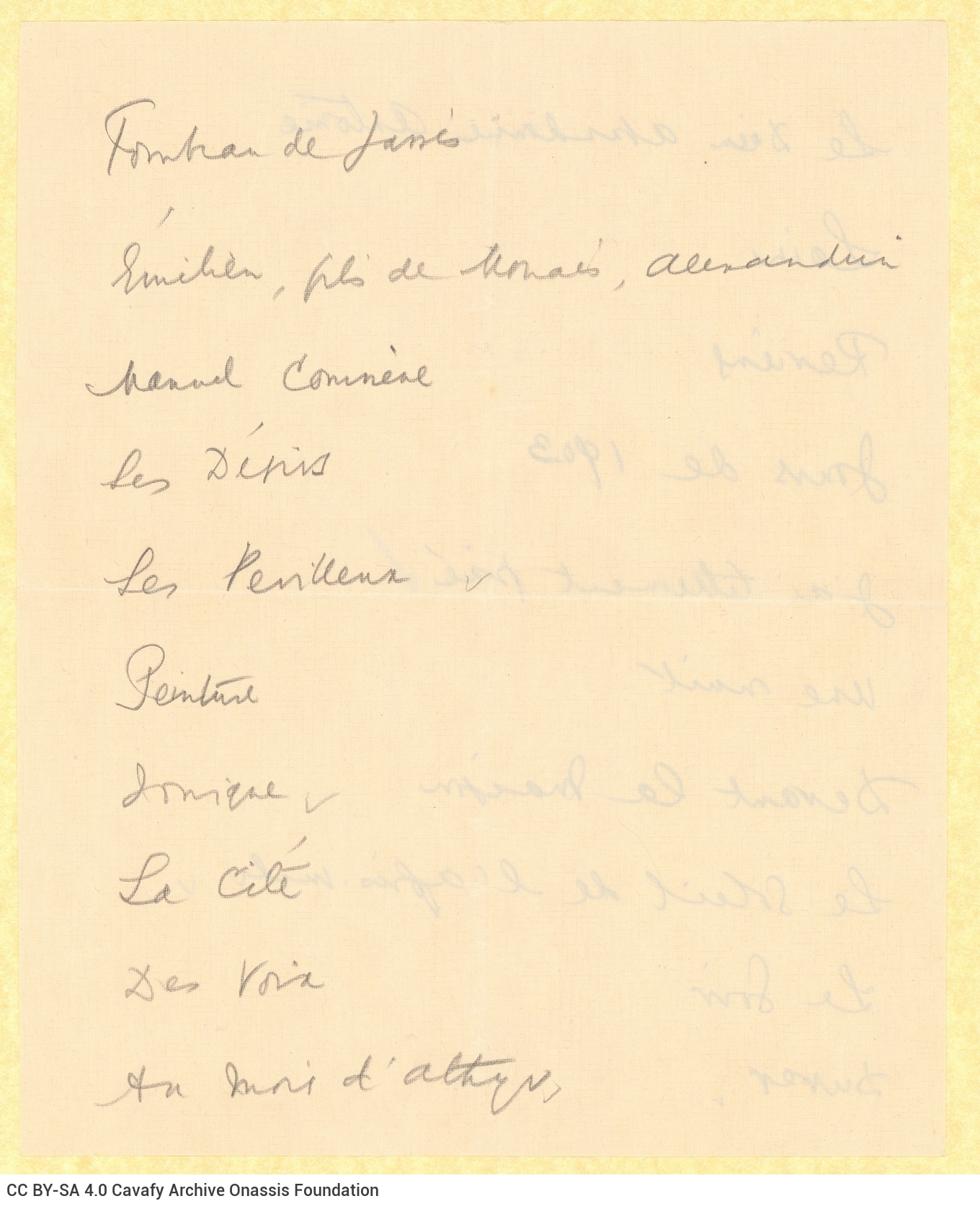 Handwritten list with poem titles on three sheets. Only one title is recorded in Greek ("But Wise Men Apprehend What Is Im