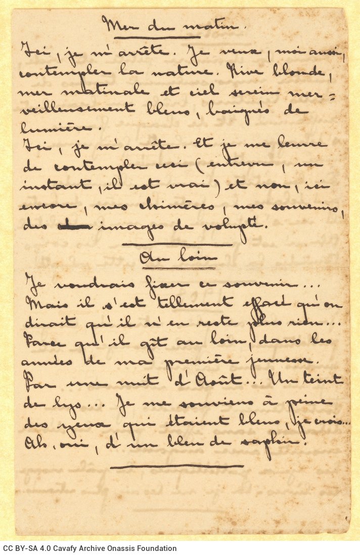 Handwritten French translations of the poems "Chandelier", "Days of 1903", "Morning Sea" and "Far Off" on both sides of a 