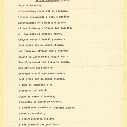 Typewritten translations of poems by Cavafy in Italian. The poems "Voices", "The City", "Desires" and "Unfaithfulness" on the