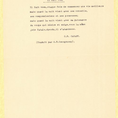 Typewritten French translation of the poem "He Swears". The poem is found on the one side of three sheets. Handwritten emenda