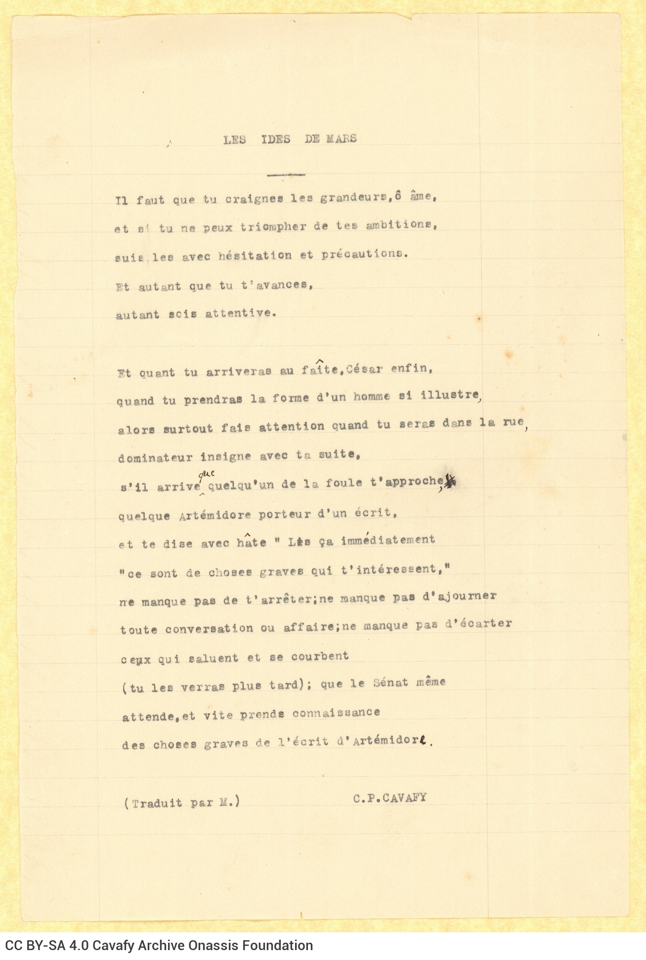 Typewritten French translations of the poems "But Wise Men Apprehend What Is Imminent" and "Ides of March" on one side of two
