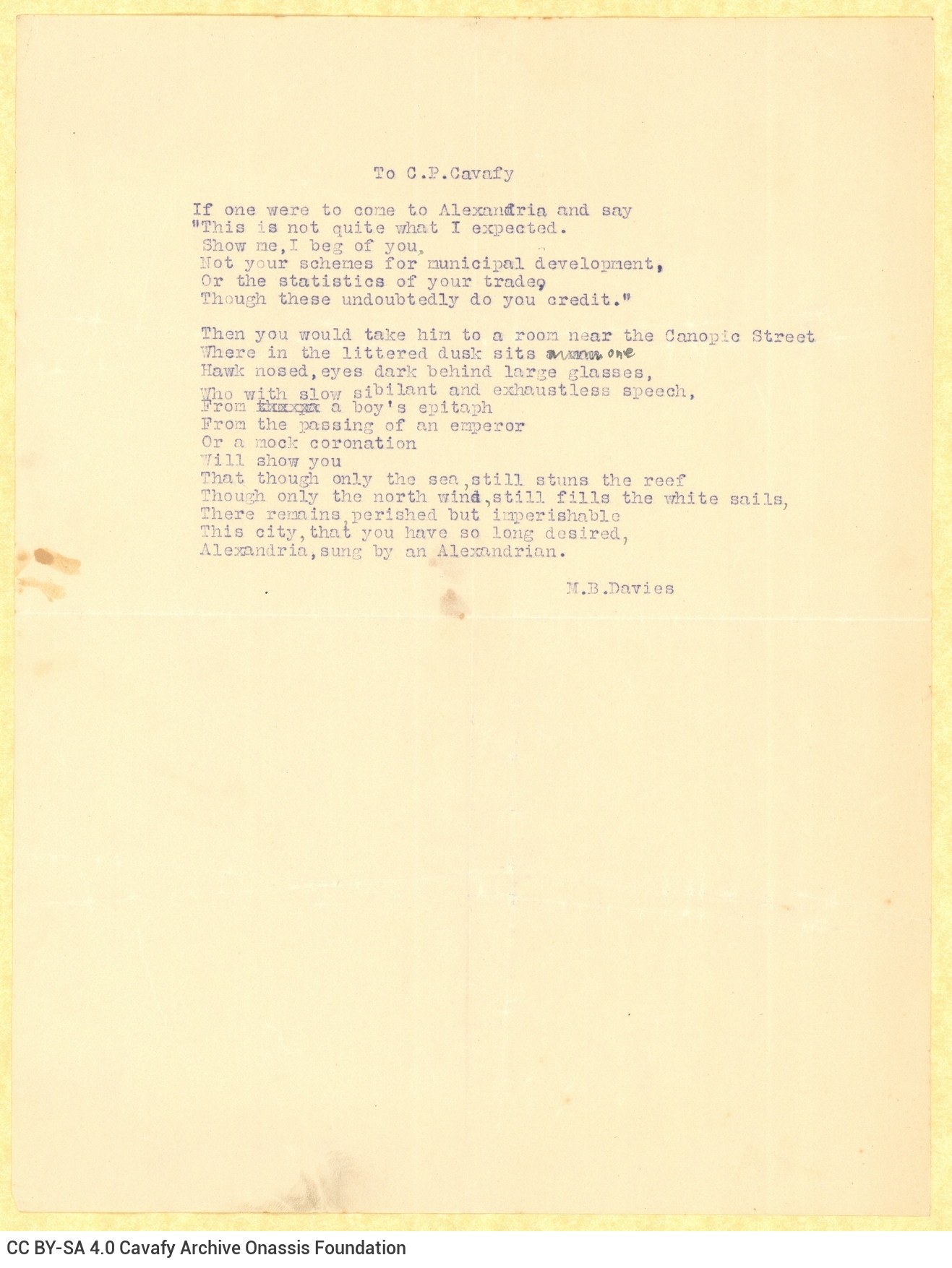Typewritten poem by M. B. Davies in English; handwritten emendation.