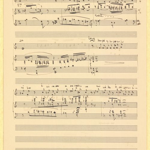 Handwritten musical score on the three pages of a double sheet notepaper. Copy of a composition by George Poniridy for voi
