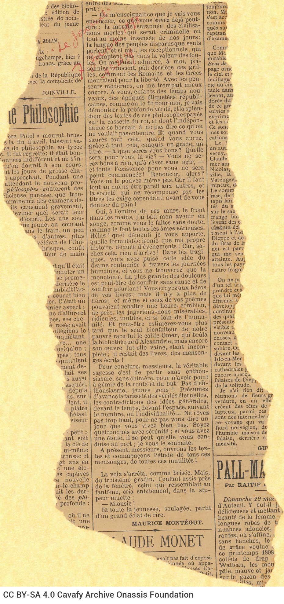 Clipping from the newspaper *Le Journal*. Fragment of an article by Maurice Montégut. The title and date of the newspaper ar