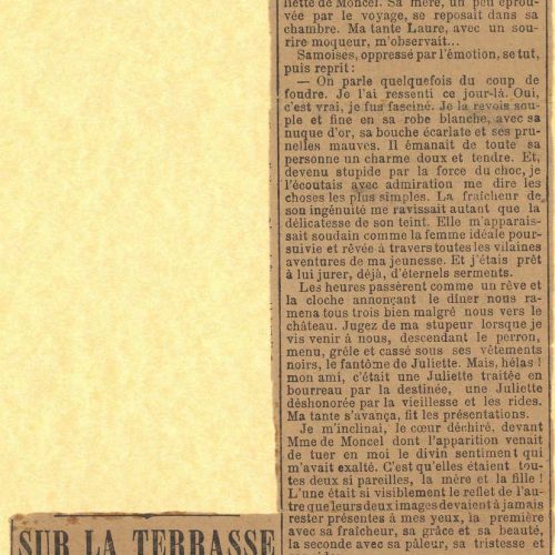 Clipping from the newspaper *L'Echo de Paris*. Article by Georges Bonnamour entitled "Sur la terrace". The name, date and iss