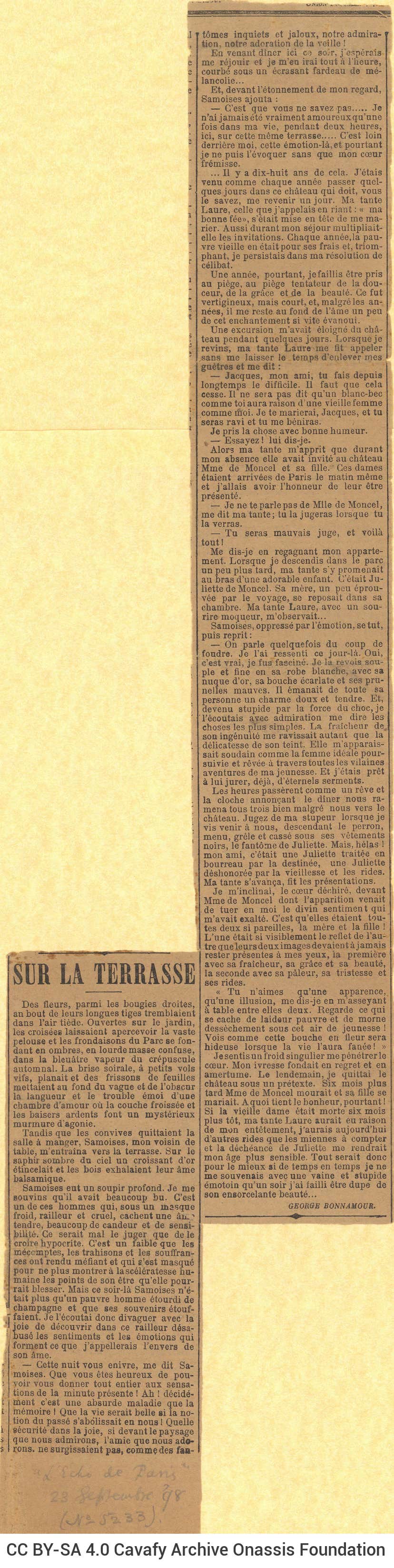 Απόκομμα από την εφημερίδα *L'Écho de Paris*. Περιέχει άρθρο του Ζωρζ Μπονν�